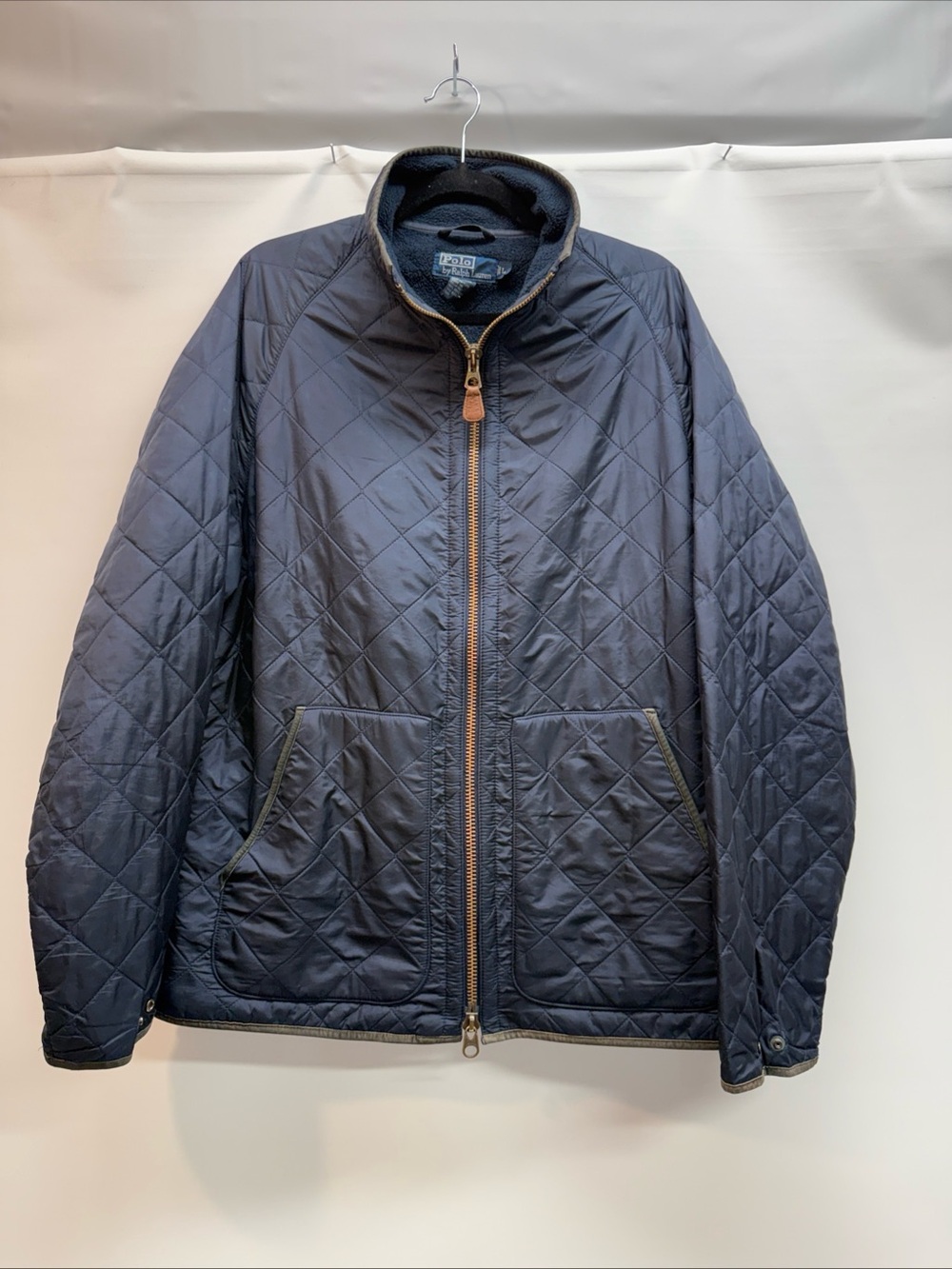 VTG Polo Ralph Lauren Jacket Men Sz L Blue Quilted Padded Lined Pockets Full Zip